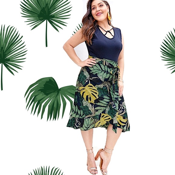 Boutique Dresses & Skirts - Tropical Leaf Floral Tie Belt Ruffled Midi Skirt